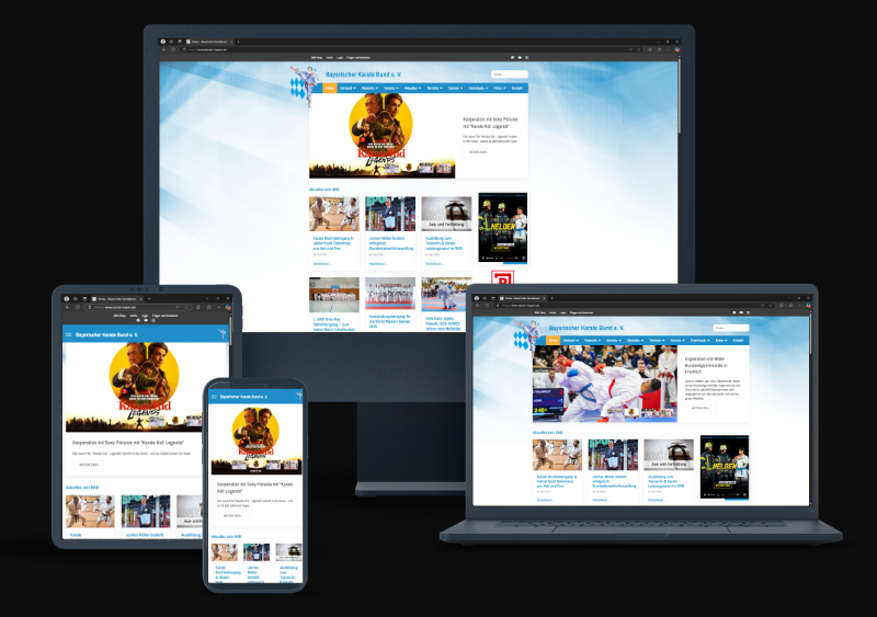 Mobile-First Website & Webshop Entwicklung | Beispiel: "karate-bayern.de" auf Desktop, Laptop, Tablet (hochkant) und Smartphone (hochkant)